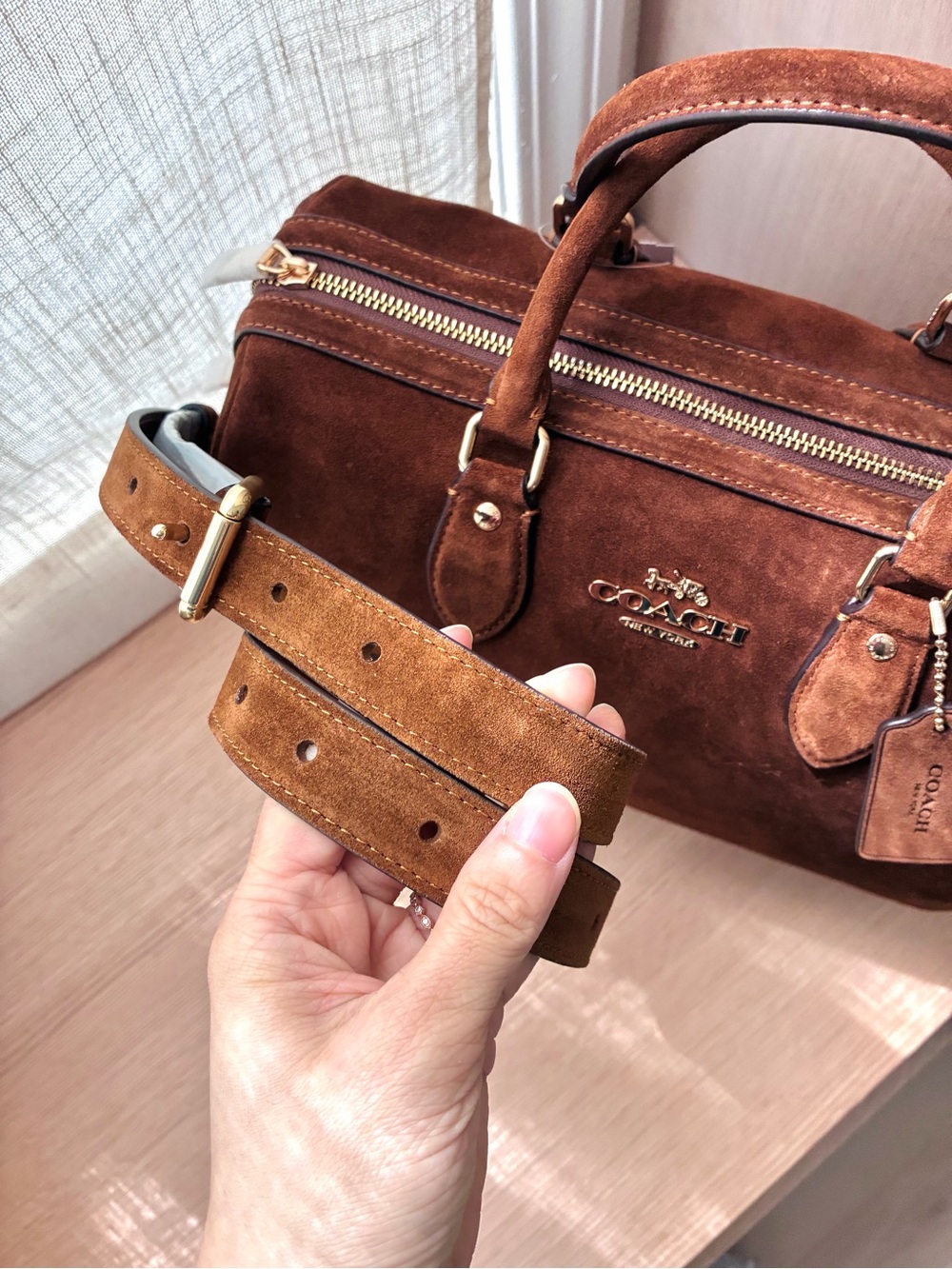 NWT🍯Coach Rowan Large Satchel Bag Suede Warm Brown CET42 Classic Crossbody - Picture 3 of 11